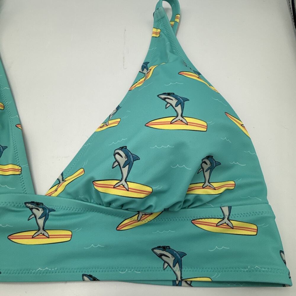 MeUndies Bikini 2Piece Swim Top SIZE XL Sharks On Surfboards Blue Novelty Print - Picture 2 of 8